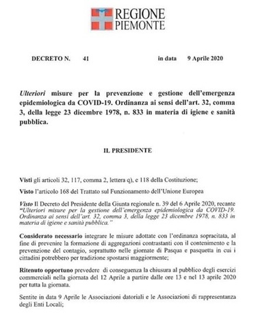 Decreto Presidente della Giunta Regionale n. 41 - 9 aprile 2020